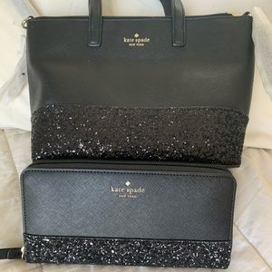 Kate Spade Black Glitter Purse and Wallet NWT